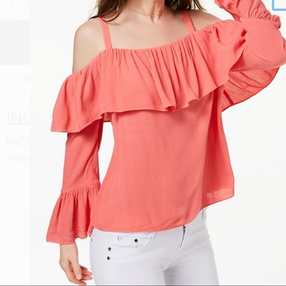 INC Off the Shoulder Ruffle Cut top Petite Large